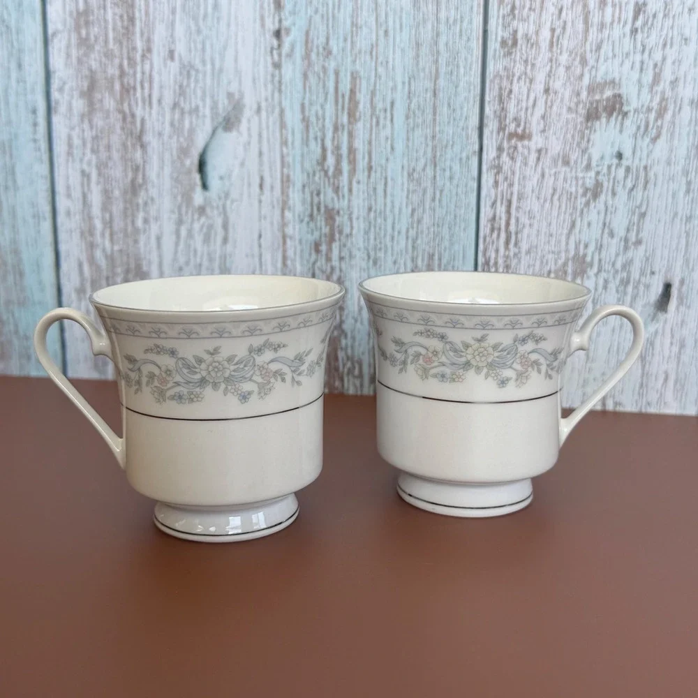 Somerset by NL Excel‎ 2 Coffee Tea Cup Footed Blue Pink Floral Trim Replacement